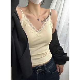 早春2035法式v领螺纹蕾丝背心固定杯吊带女外穿内搭枫之欣