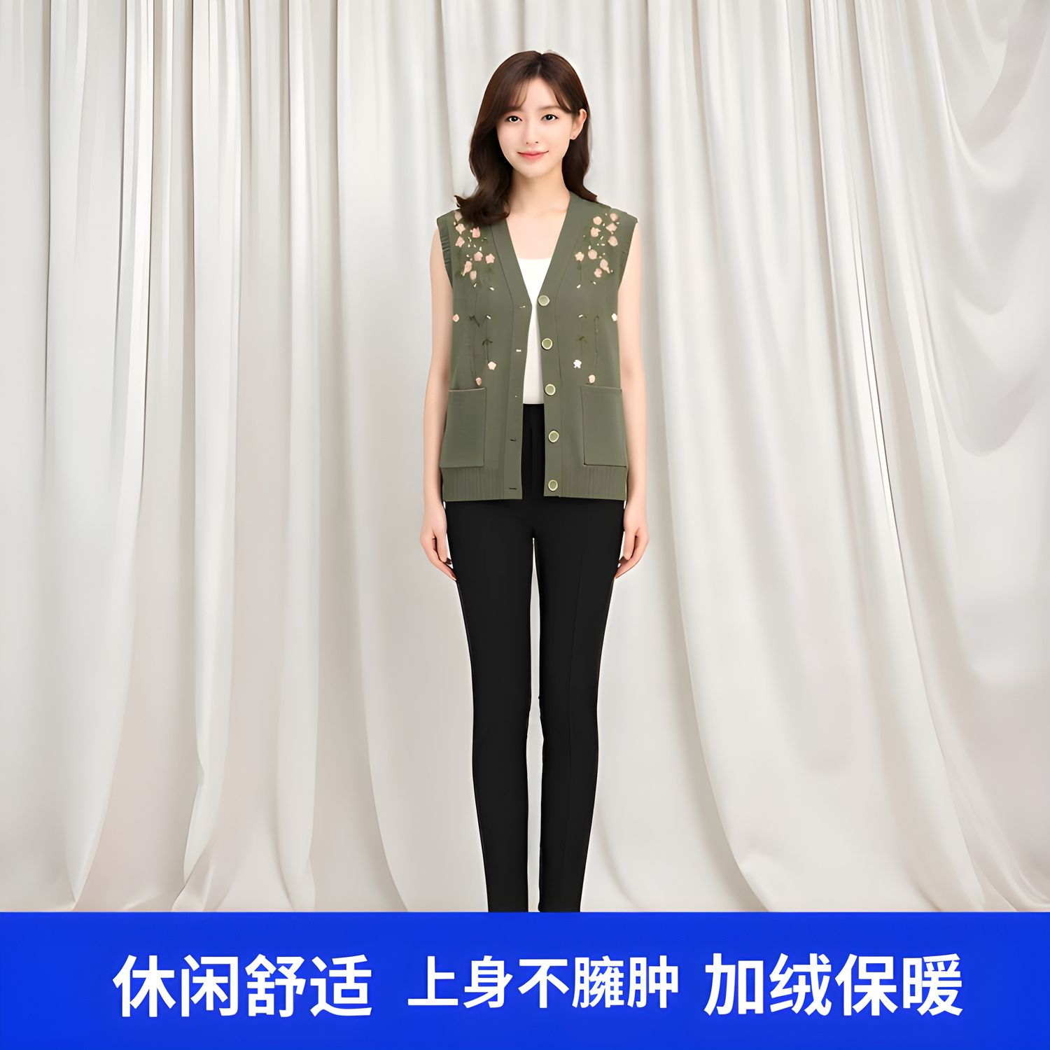 中老年女装V领马甲冬绣花