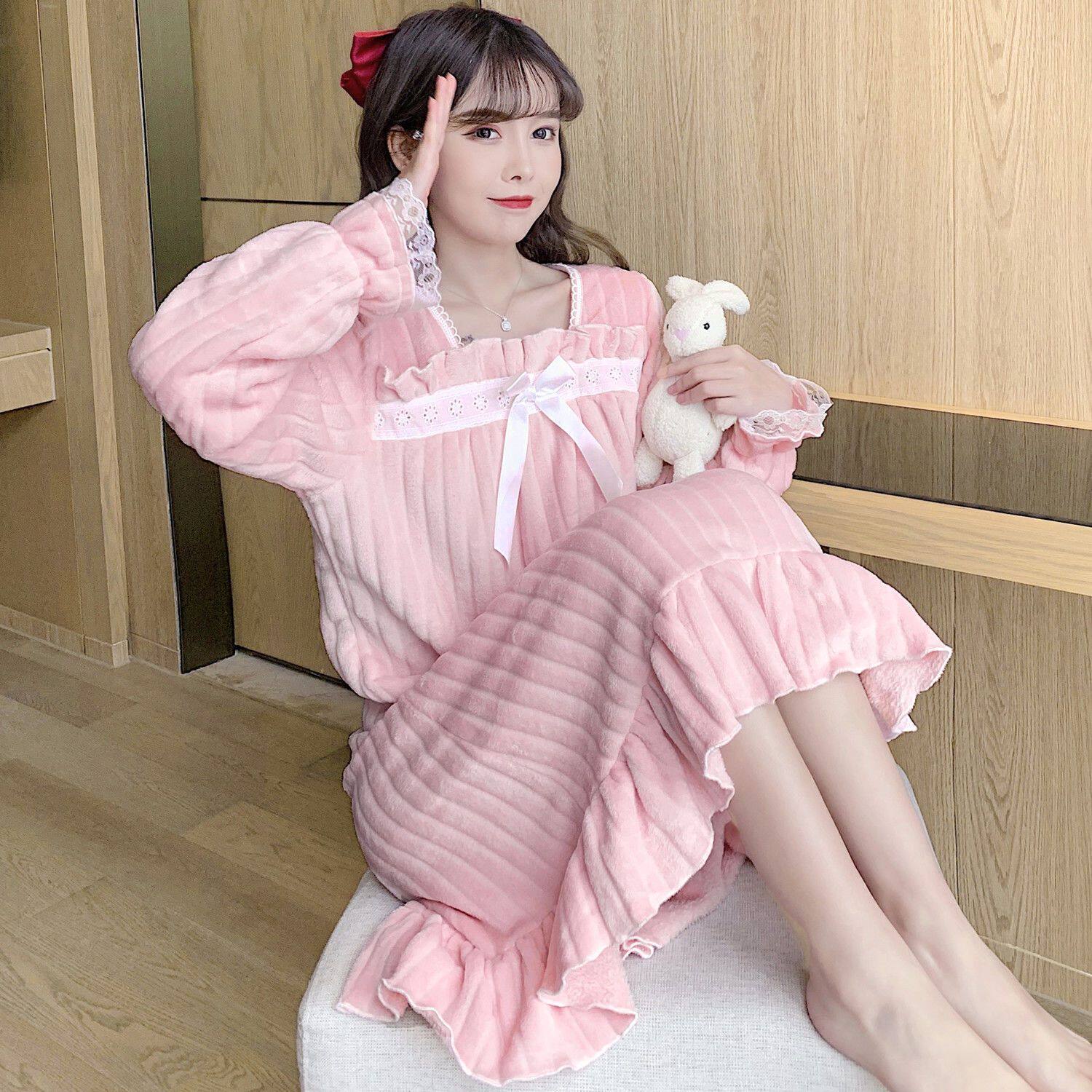 秋冬季法兰绒睡裙女长袖