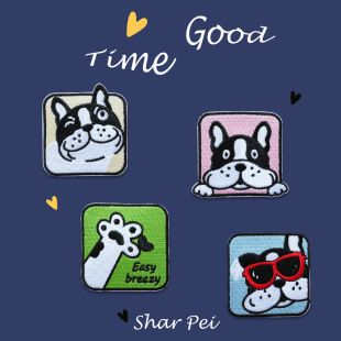 自粘可爱沙皮狗四宫格刺绣布贴书包手账装 饰图案贴衣服破洞补丁贴