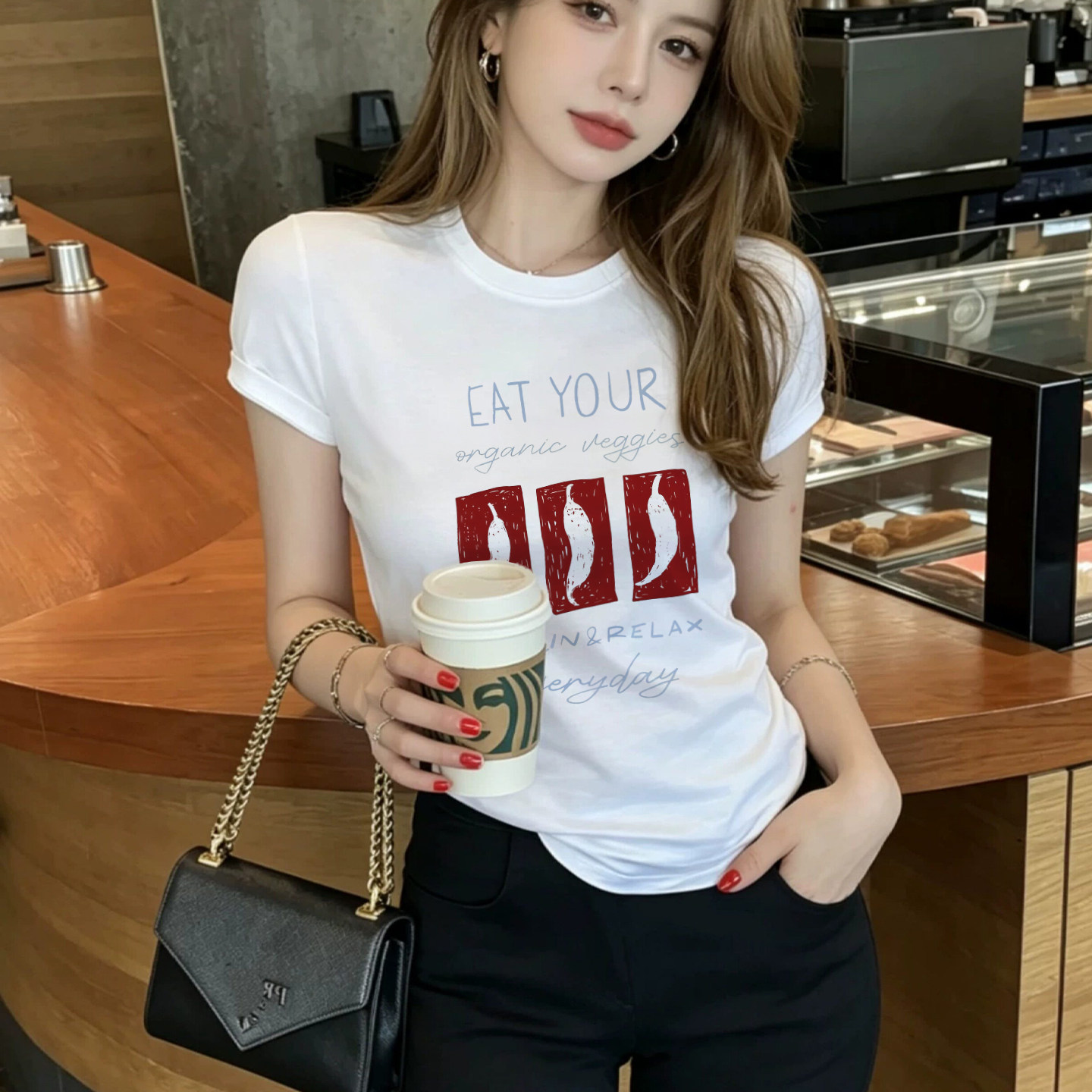 欧货南油2026夏季韩系画红框辣椒印花短袖T恤女正肩修身显瘦上衣