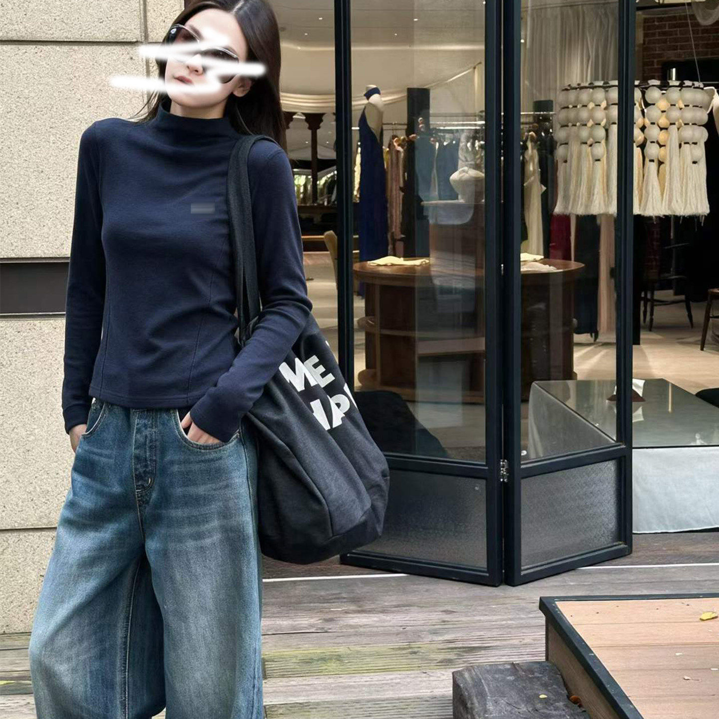 欧货南油2026秋冬简约刺绣小标半高领打底上衣女侧收腰显瘦长袖衫