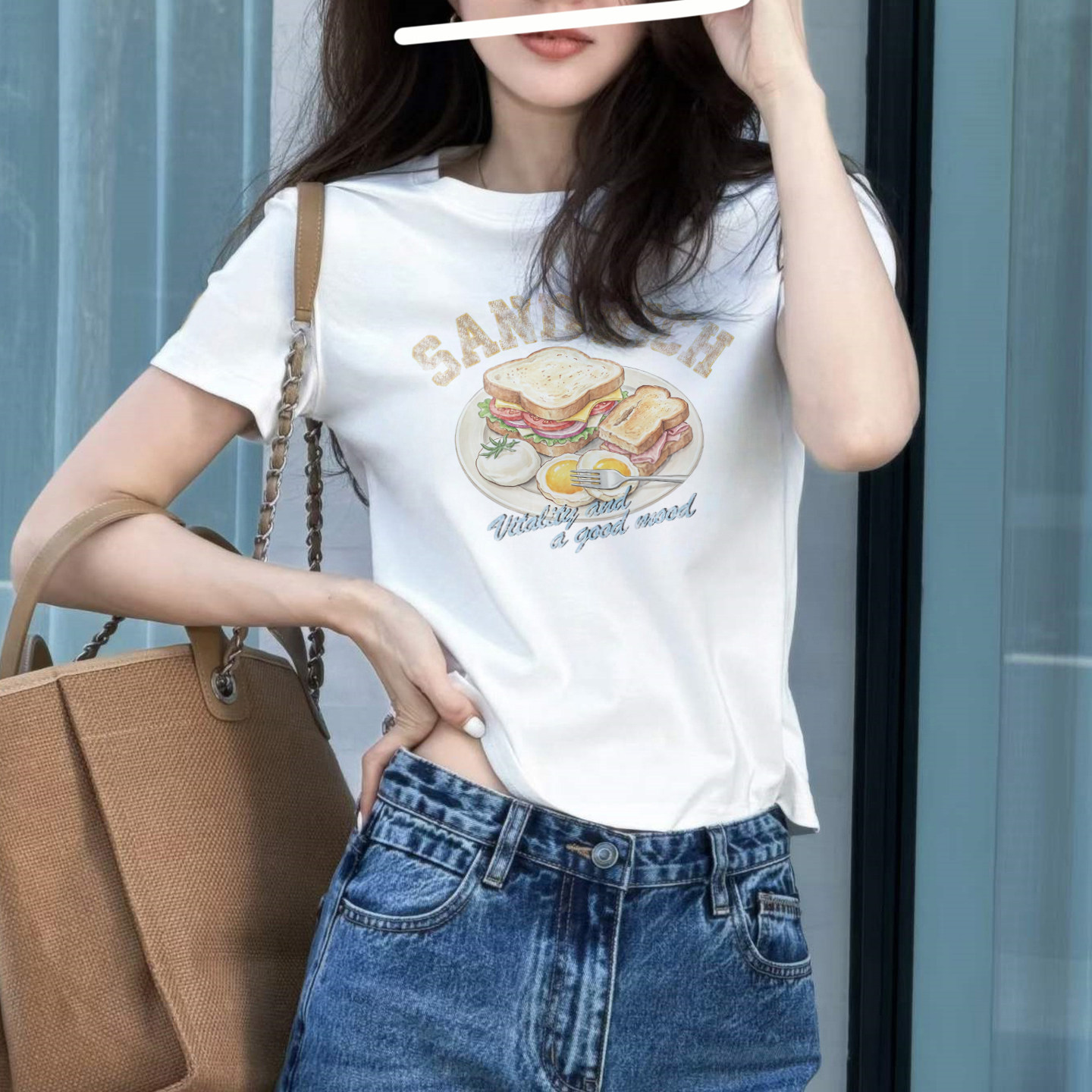 欧货南油2026夏季韩系元气水彩手绘印花短袖T恤正肩修身白色上衣