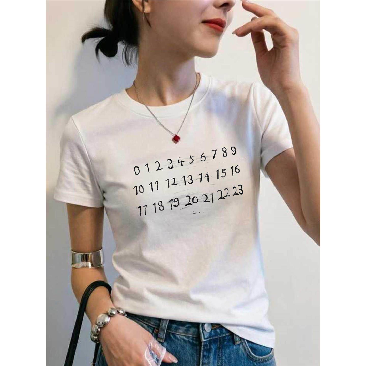 欧货设计师款夏季时尚数字图案圆领短袖T恤百搭修身显瘦百搭上衣