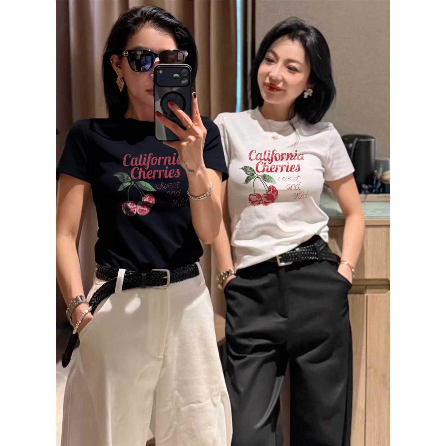 欧货南油2026夏季减龄风樱桃印花T恤女做旧字母修身显瘦短袖上衣