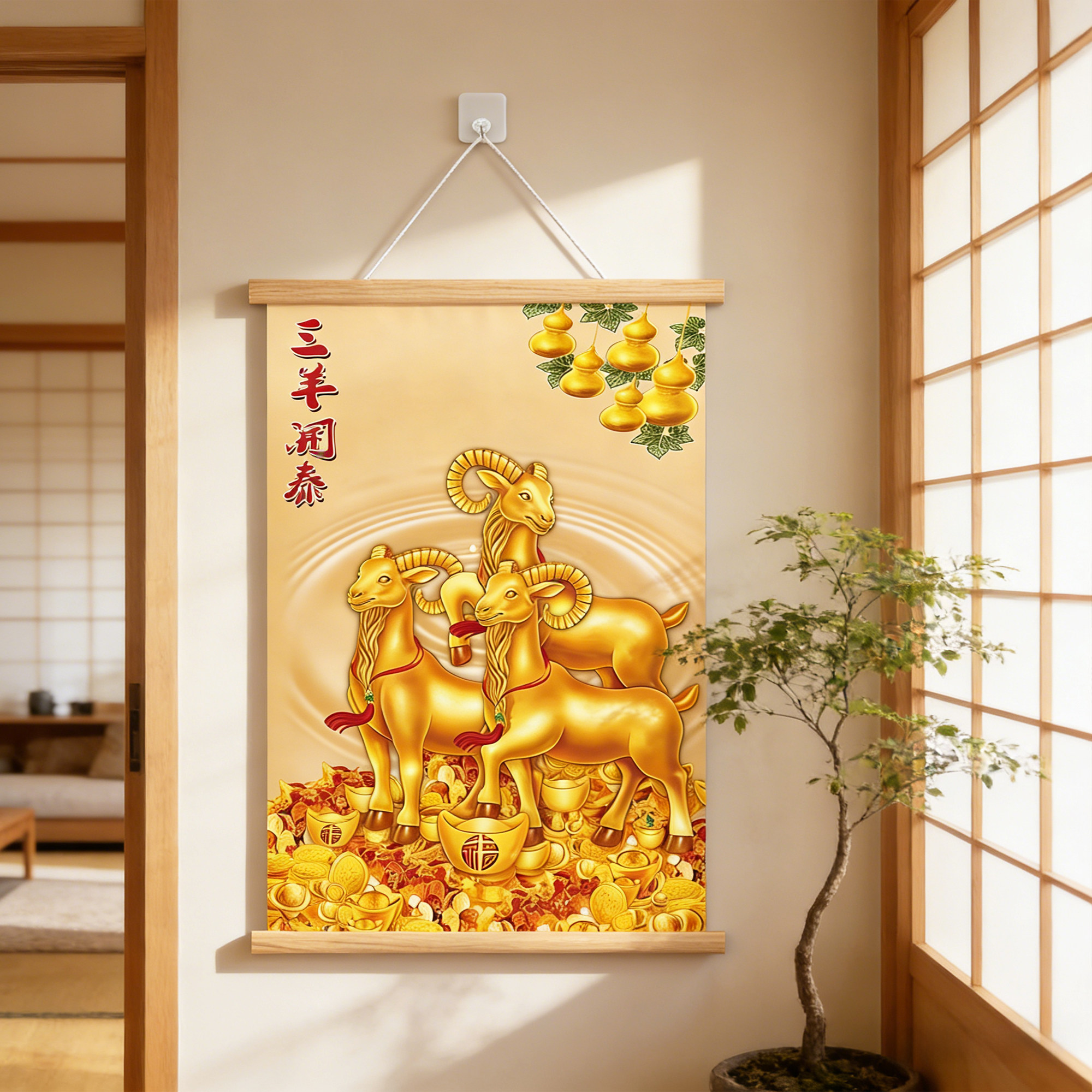三羊开泰挂画三阳开泰装饰画书房挂轴风水壁画招财客厅玄关贴画QT