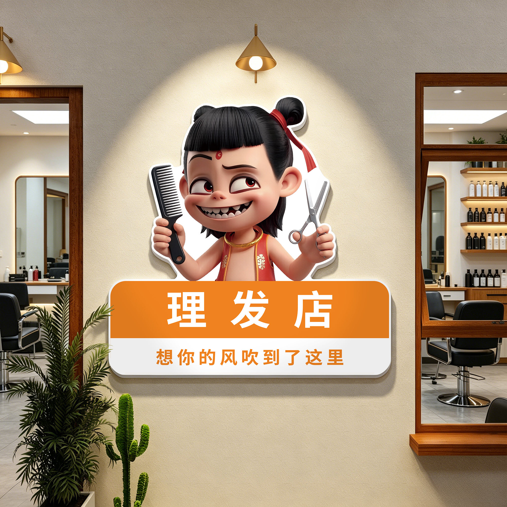 创意理发店墙面装饰高级感挂画美发店海报墙贴哪吒背景形象墙画QT