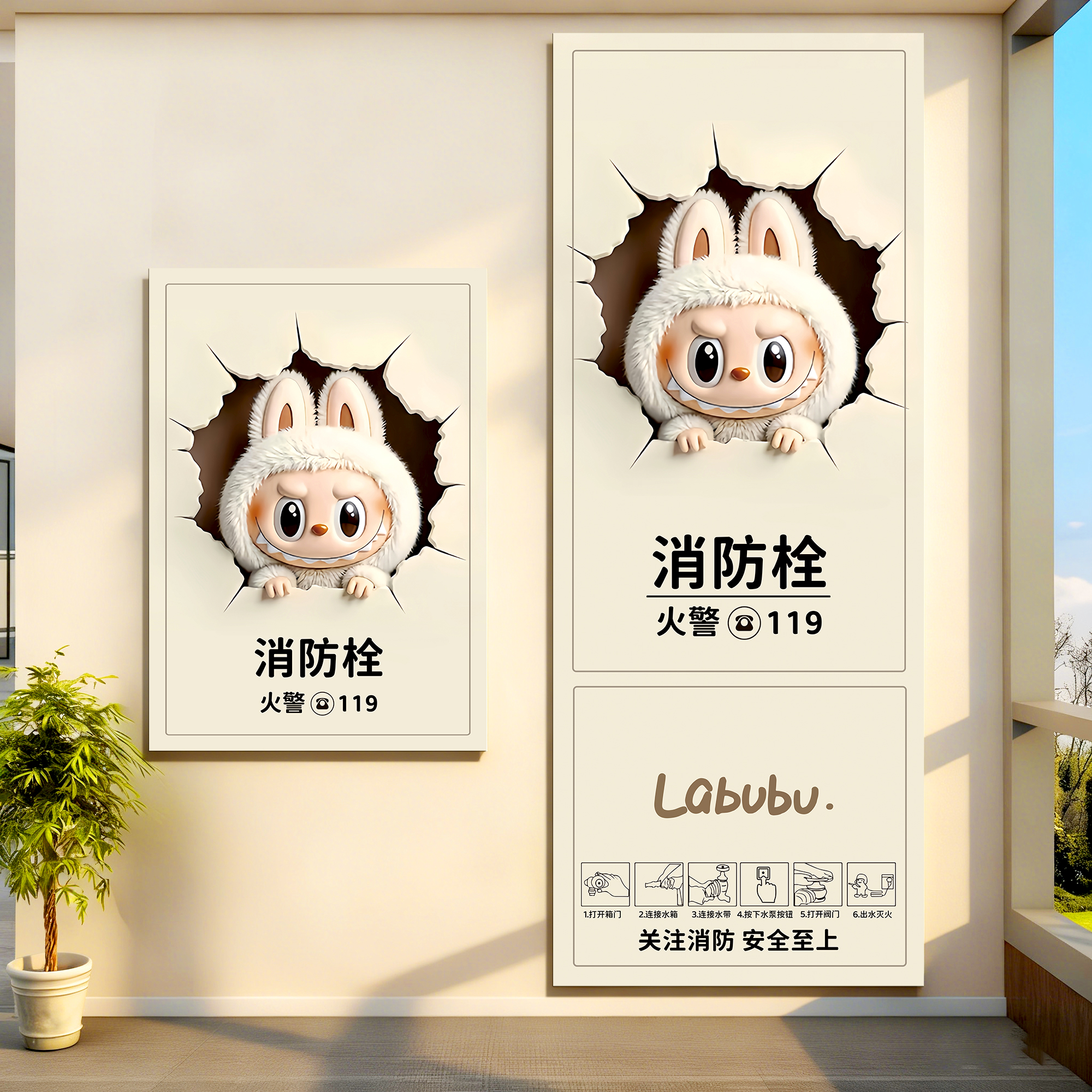 卡通消防栓贴纸灭火器柜门创意装饰画遮挡美化神器配电箱自粘画QT