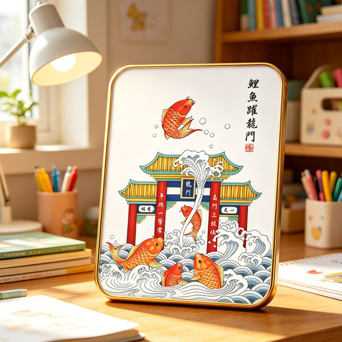 鲤鱼跃龙门九鱼图摆台挂画