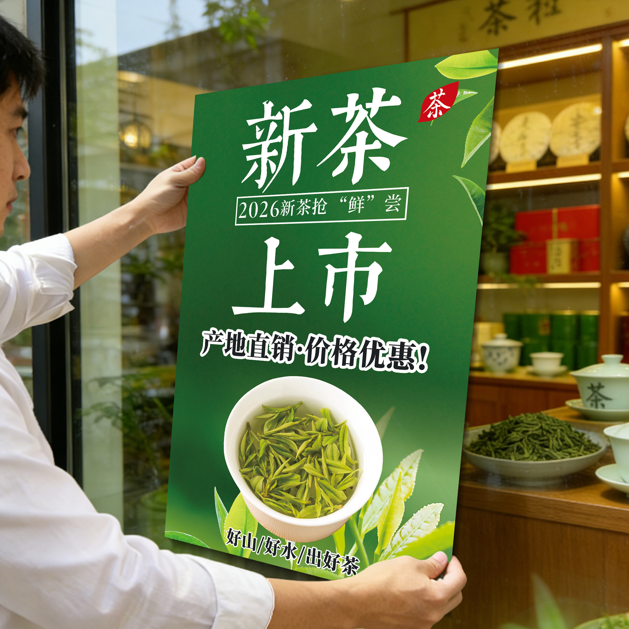 新茶上市海报茶叶店广告贴纸宣传春茶文化背景墙玻璃门贴纸装饰hb