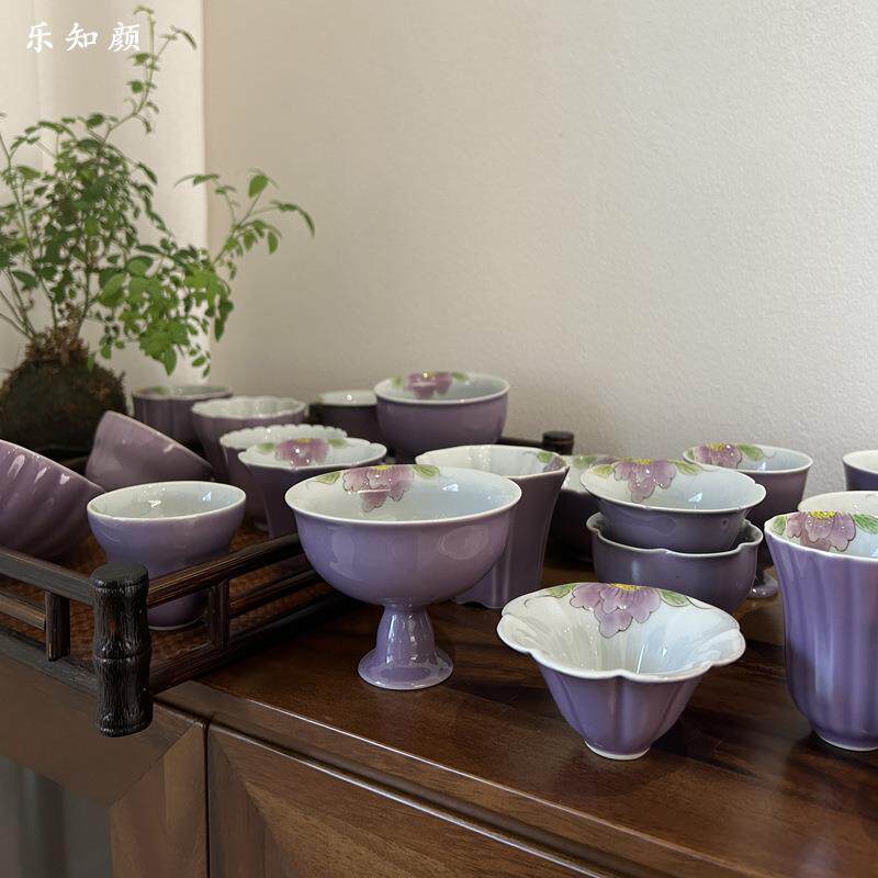 茶杯陶瓷功夫茶具手绘紫牡丹品茗杯主人杯家用女士喝茶杯文人茶器