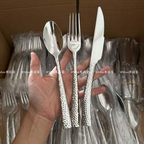 米诺家304不锈钢锤纹勺家用吃饭勺主餐更调羹牛排刀叉西餐具套装