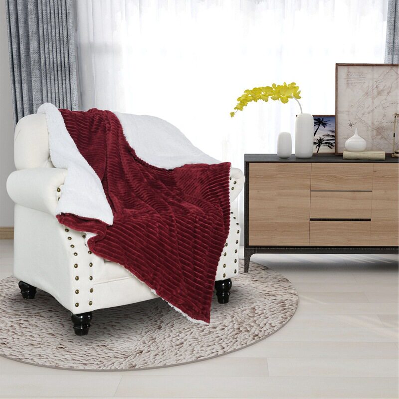 羊羔绒抽条双层毯子单人纯色法兰绒毛毯办公室沙发盖毯被子云绒