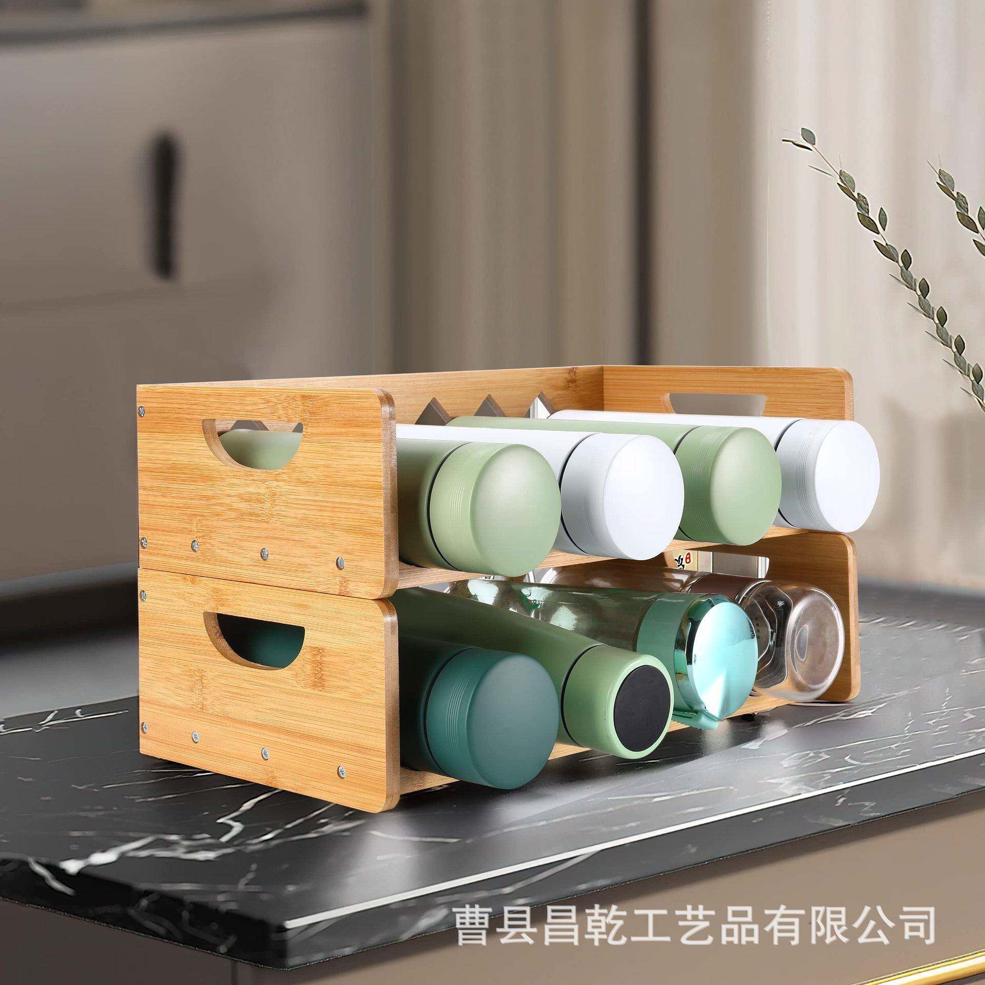 跨境竹制水杯架桌面保温壶整理收纳架可叠加式实木红酒瓶展示架子