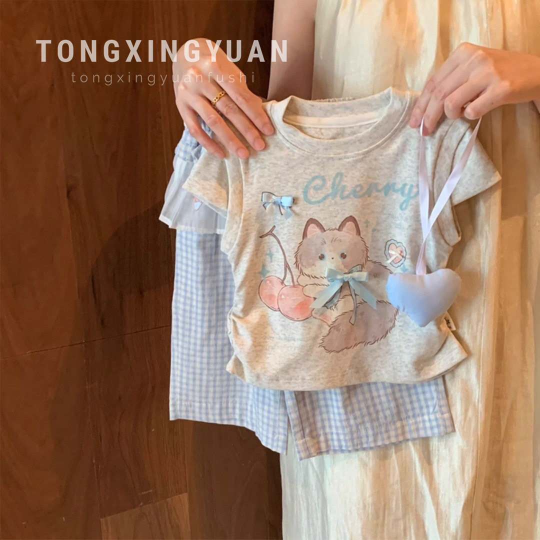 女童洋气套装夏天2025新款小童女宝宝猫咪蝴蝶结背心阔腿裤两件套