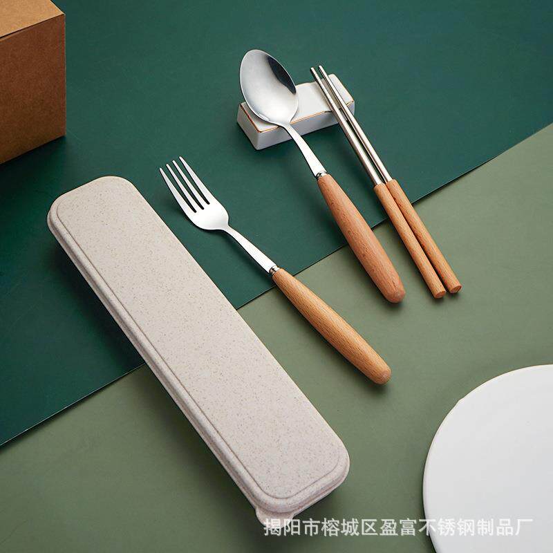 网红星巴风不锈钢餐具简约便携布袋木柄叉勺筷子三件套加logo