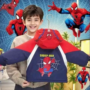 蜘蛛侠衣连体亮灯外套黑钢铁男童冲锋衣加绒加厚奥特曼卡通冲锋衣