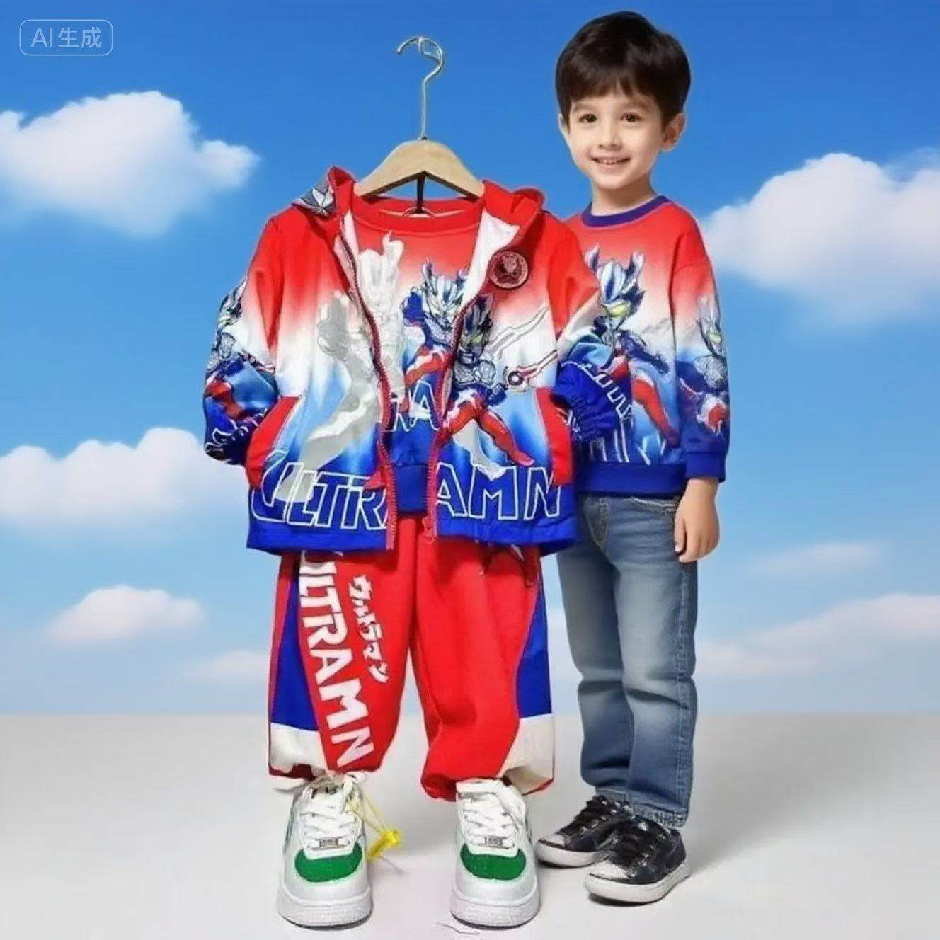 男童奥特曼套装纯棉A类赛罗亮灯三件套2025新款秋季运动迪迦卫衣