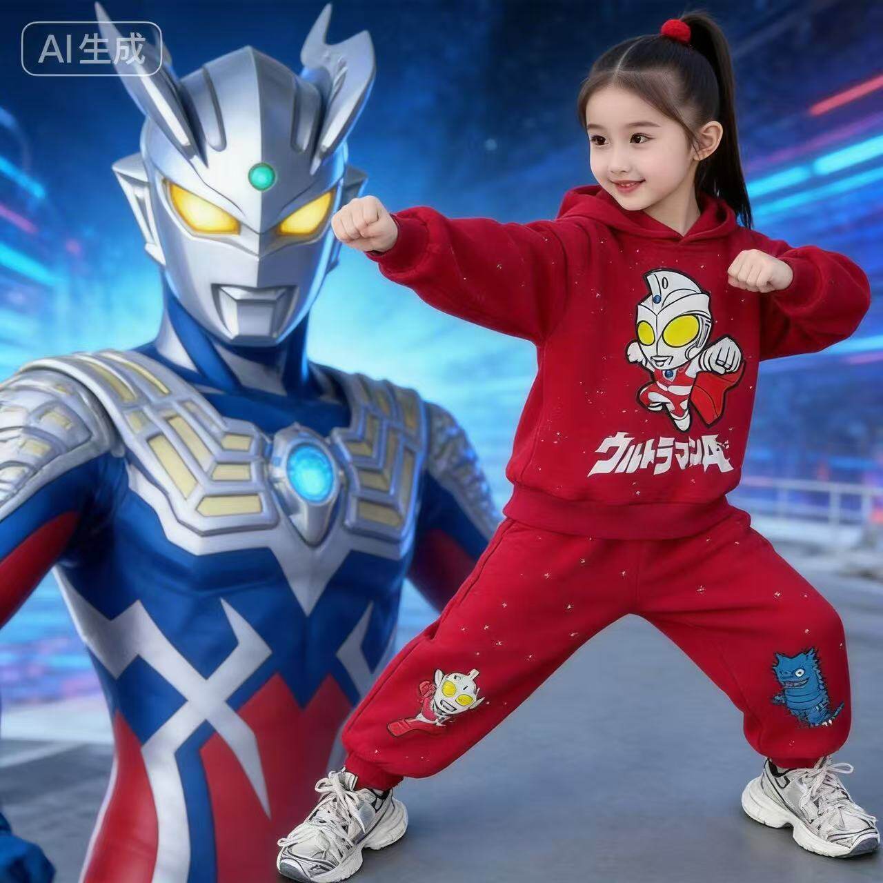 赛罗迪迦女童奥特曼卫衣套装春季女孩新款连帽洒银运动裤子两件套