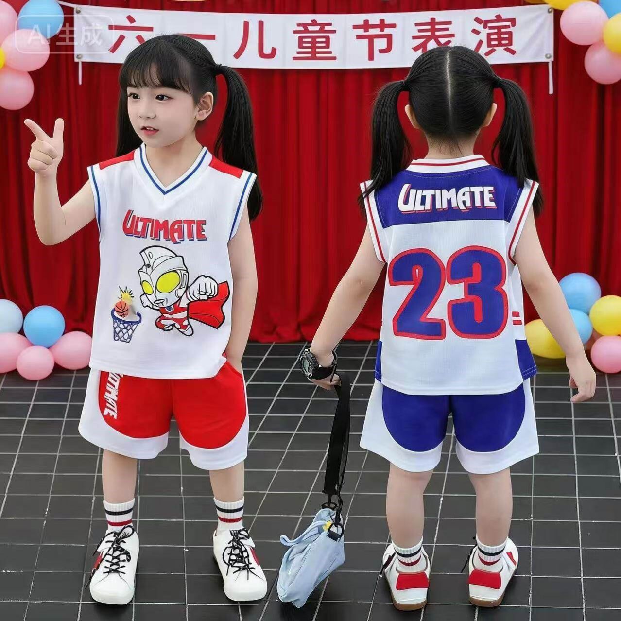 。女童发光奥特曼套装夏装无袖纯棉速干男女童迪迦奥特曼篮球套装