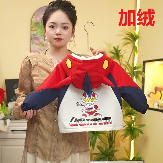 秋冬加绒男童奥特曼衣服秋季新款亮灯儿童外套洋气加厚连帽防水衣