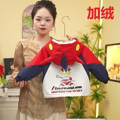 秋冬加绒男童奥特曼衣服秋季新款亮灯儿童外套洋气加厚连帽防水衣