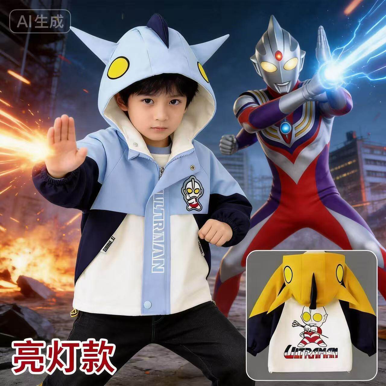 赛罗奥特曼外套男童卡通春季迪迦男女童洋气衣服运动薄绒亮灯上衣