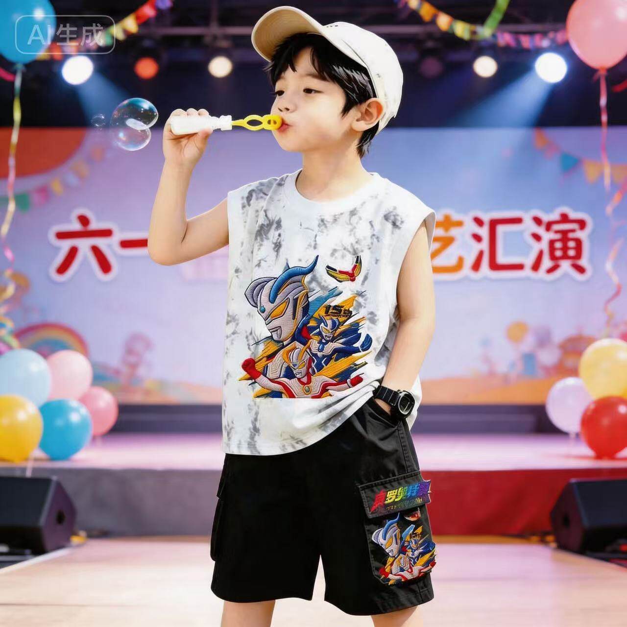 2026夏季男童赛罗奥特曼背心套装儿童纯棉男童洋气迪迦刺绣两件套