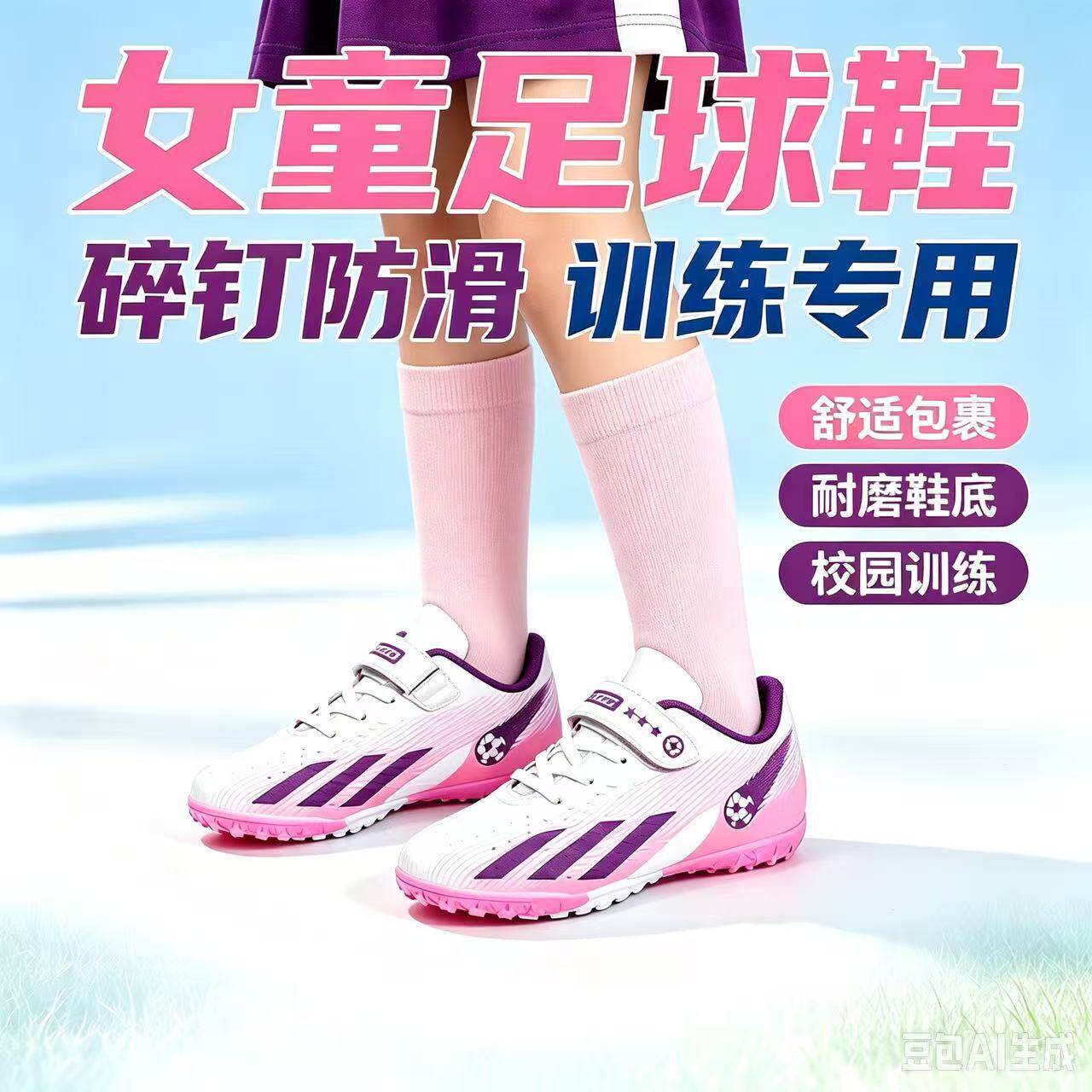 2026新款女童足球鞋青少年学生女孩碎钉魔术贴草地比赛训练足球鞋