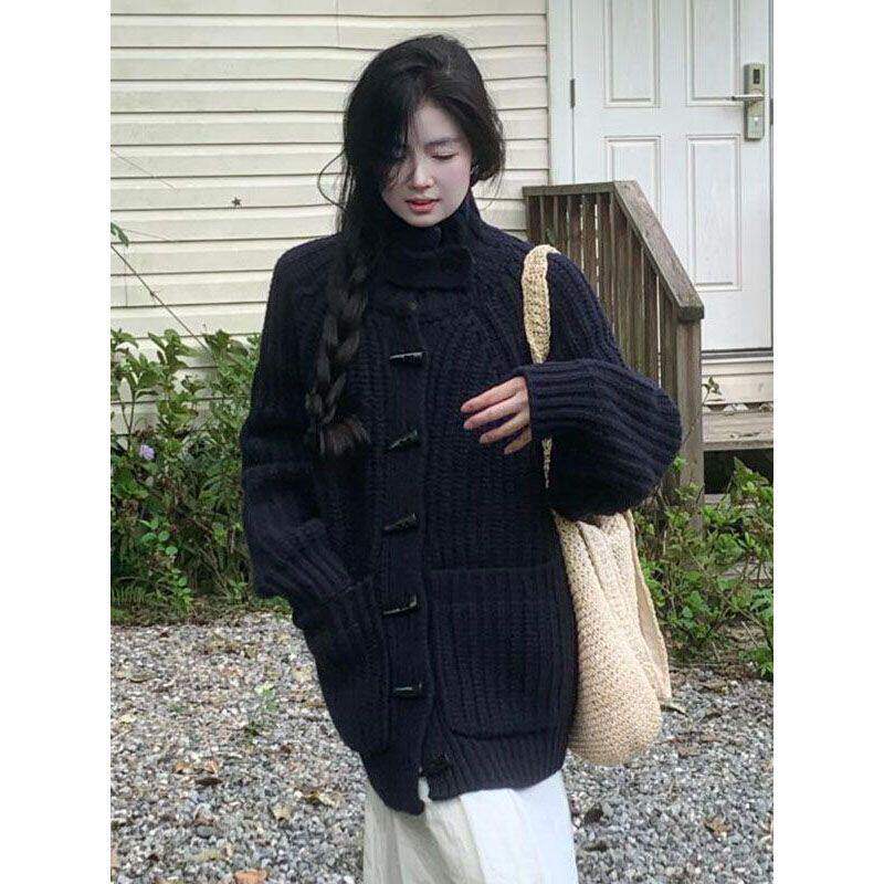 韩系通勤风牛角扣高领针织开衫女秋冬季慵懒风百搭套头毛衣