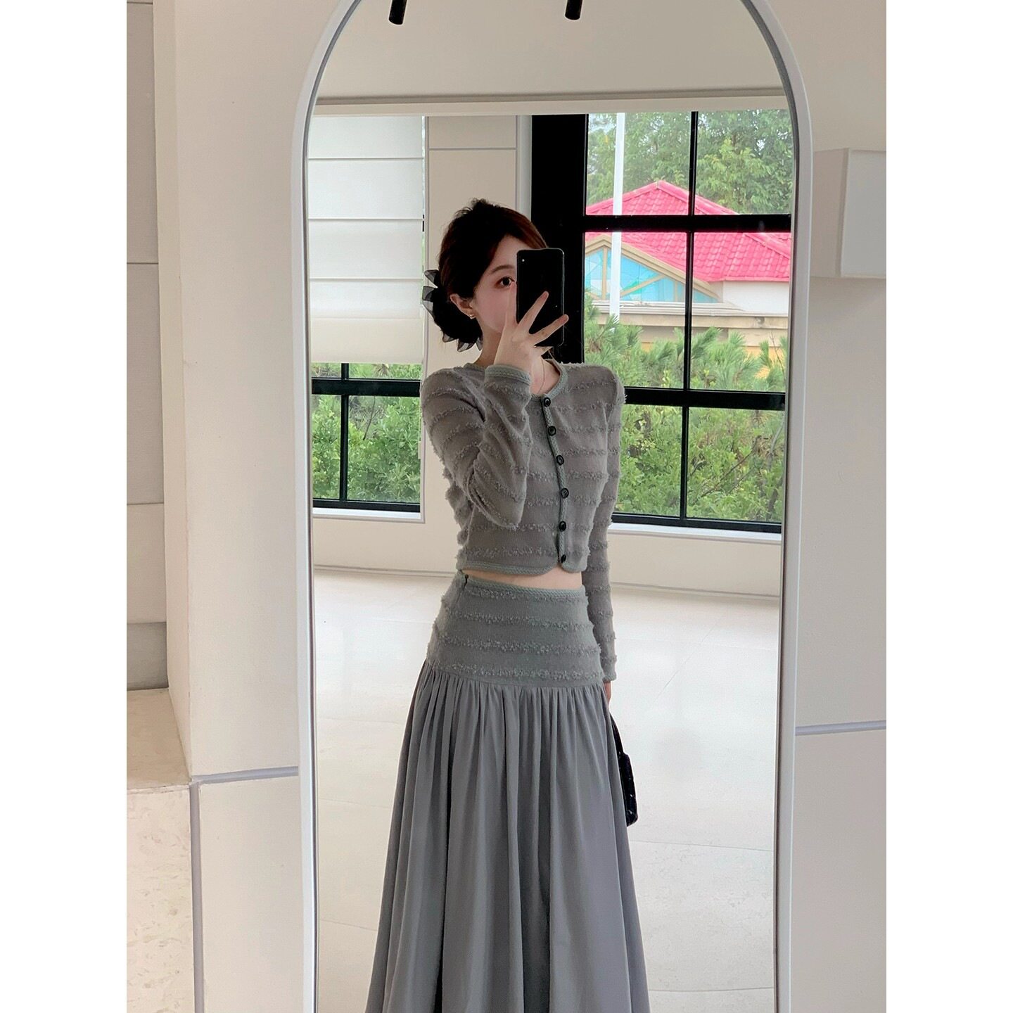 灰色套装长袖针织衫短款开衫女秋季半身长裙高腰裙子温柔风两件套