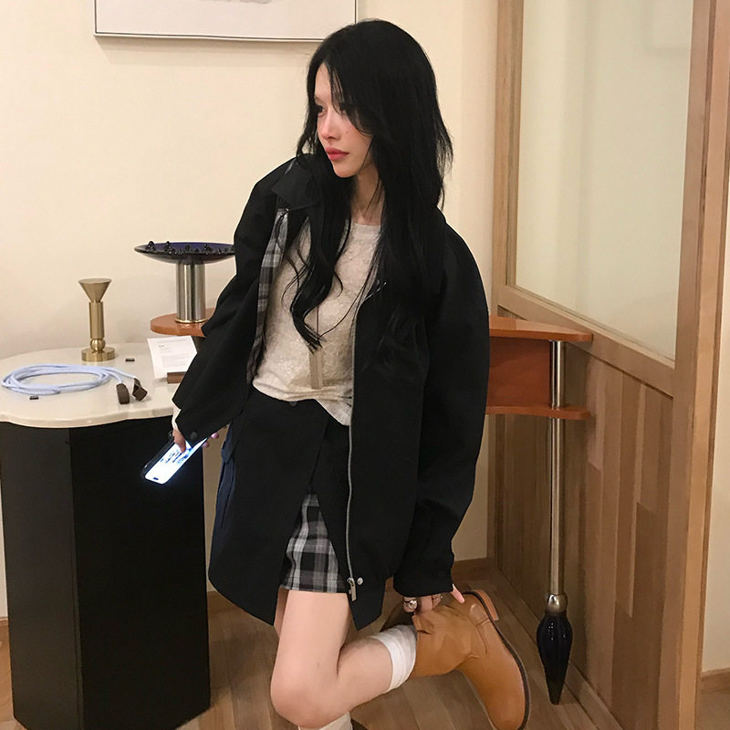 部分现2026秋季韩系新款显瘦宽松上衣夹克外套拼接格子半身裙女