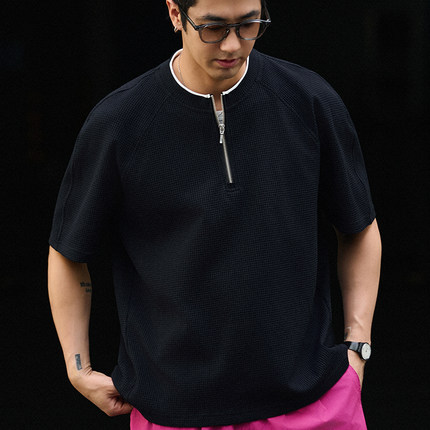 TANOXI T330 索罗娜华夫格吸湿排汗轻量高弹半拉链假两件短袖T恤