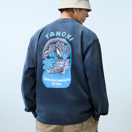TANOXI T390「林中」水洗蜡染喷砂做旧长袖T恤 印花复古宽松上衣