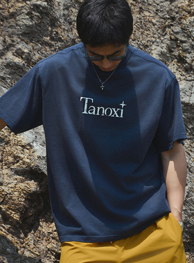 TANOXI T309 「星塔」水洗破坏破碎印花短袖T恤男宽松做旧纯棉Tee