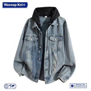 WASSUP KOI联名假两件连帽牛仔夹克男宽松休闲外套潮牌高街风上衣