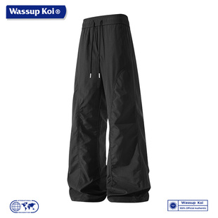 WASSUP KOI联名黑色直筒裤男宽松系绳休闲长裤显瘦情侣长裤子男款