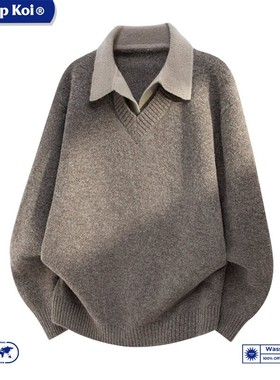 WASSUP KOI高级感学院风翻领毛衣男秋冬保暖休闲复古假两件针织衫