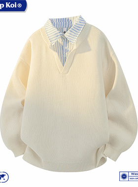 WASSUP KOI联名韩版假两件衬衫领毛衣男女款翻领秋冬季潮流针织衫