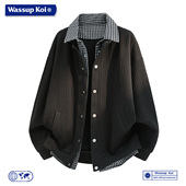 WASSUP 子拼接假两件夹克男翻领宽松百搭外套上衣 KOI联名复古风格