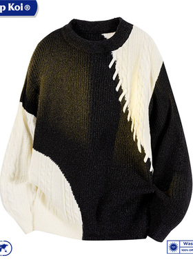 WASSUP KOI联名复古拼色圆领针织衫男宽松套头毛衣休闲风上衣服男