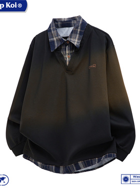 WASSUP KOI美式复古拼接假两件卫衣男女秋冬加绒衬衫领polo衫上衣