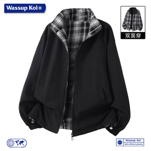 WASSUP KOI联名双面穿格子夹克男立领宽松百搭潮牌外套休闲风上衣
