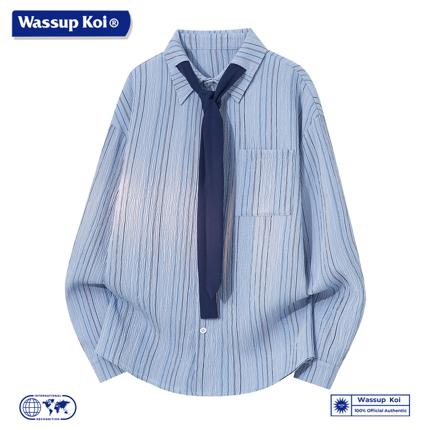 WASSUP KOI联名日系学院风上衣服领带条纹宽松百搭潮流衬衫男长袖