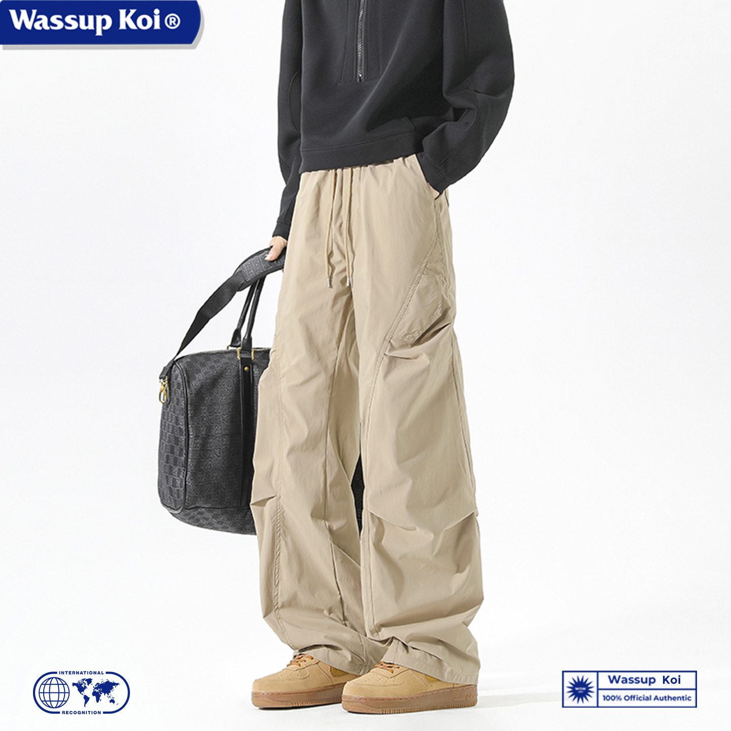 WASSUP KOI联名美式高街褶皱工装裤男宽松直筒户外登山伞兵长裤子