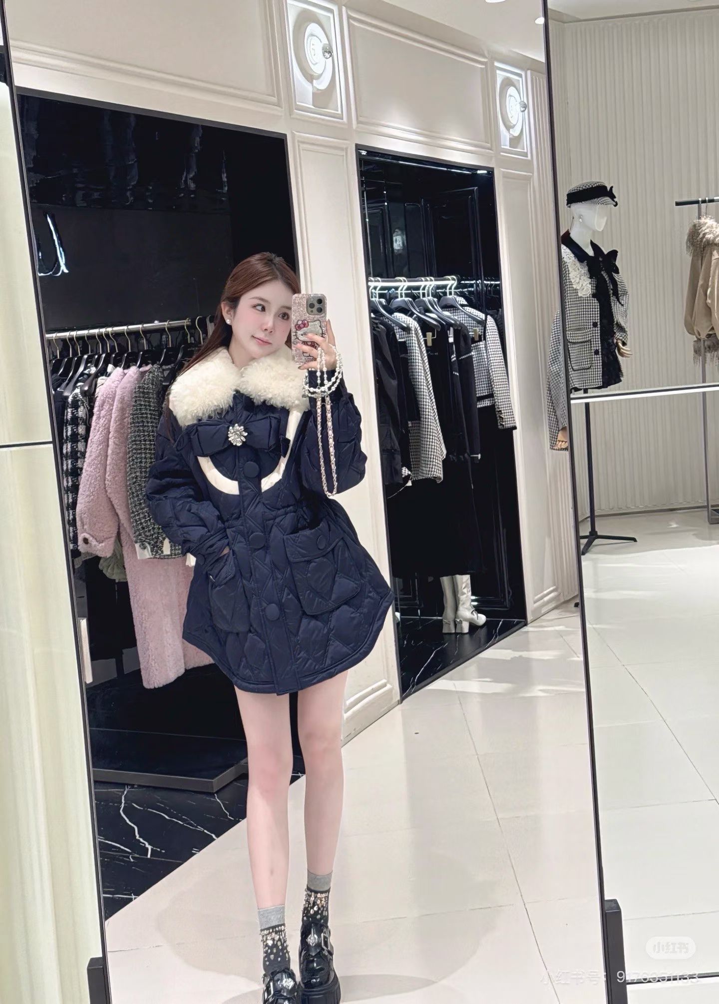 星妍学院风羽绒服）藏青色毛领菱形格蝴蝶结保暖中长款羽绒服