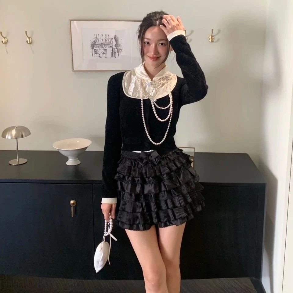 星妍(miu系少女千金风蝴蝶结钉珠羊毛针织衫假两件衬衫25秋冬新