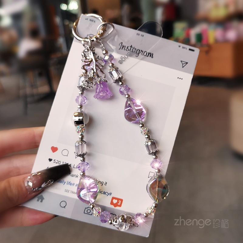 玫瑰花吊坠手机链女款手腕挂饰短款手机壳挂件串珠水晶链户外