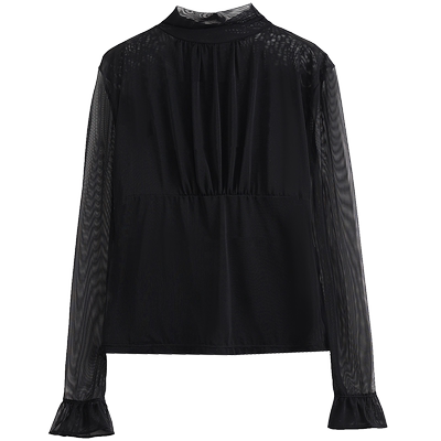 半高领网纱长袖T恤洋气