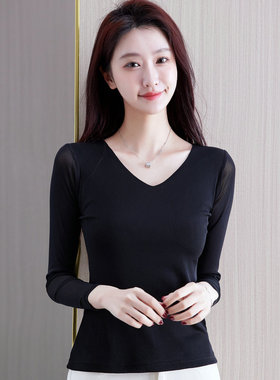 特价黑色打底衫女春秋洋气时髦网纱内搭小衫新款蕾丝上衣洋气t恤